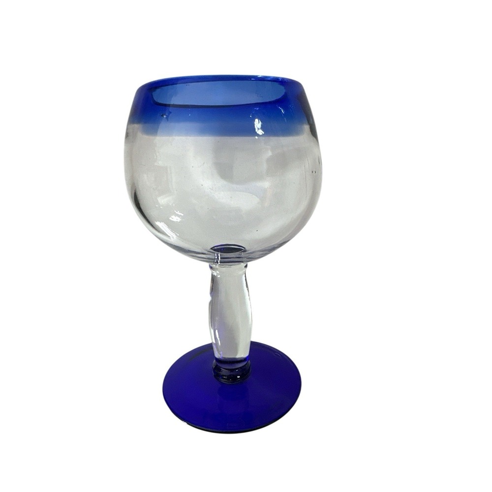 Mexican Artisan Hand‎ Blown Cobalt Blue Rim & Base Wine Glass